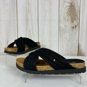 CAT Sandals Criss Cross Leather Straps Cork Flatform Black Slide Shoes Size 10
